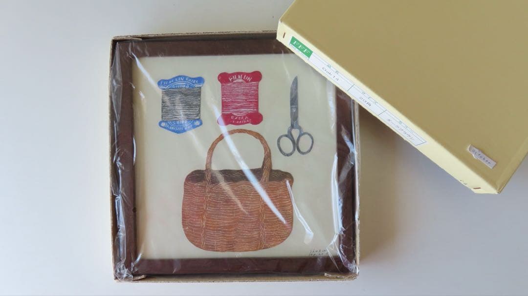 西淑 原画 2015 サイン入り かごと裁縫道具 額装 絵画