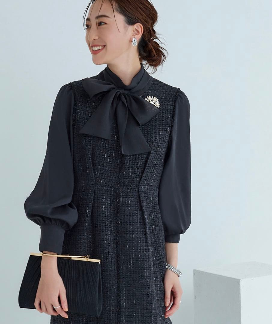 ルイルエブティック ワンピース ツイード ボウタイ リボン 黒 M