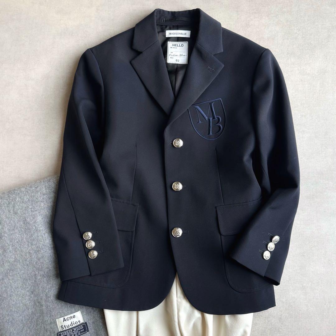 美品▲MADISONBLUE//ネイビージャケット ロゴ刺繍 シルバーボタン 紺