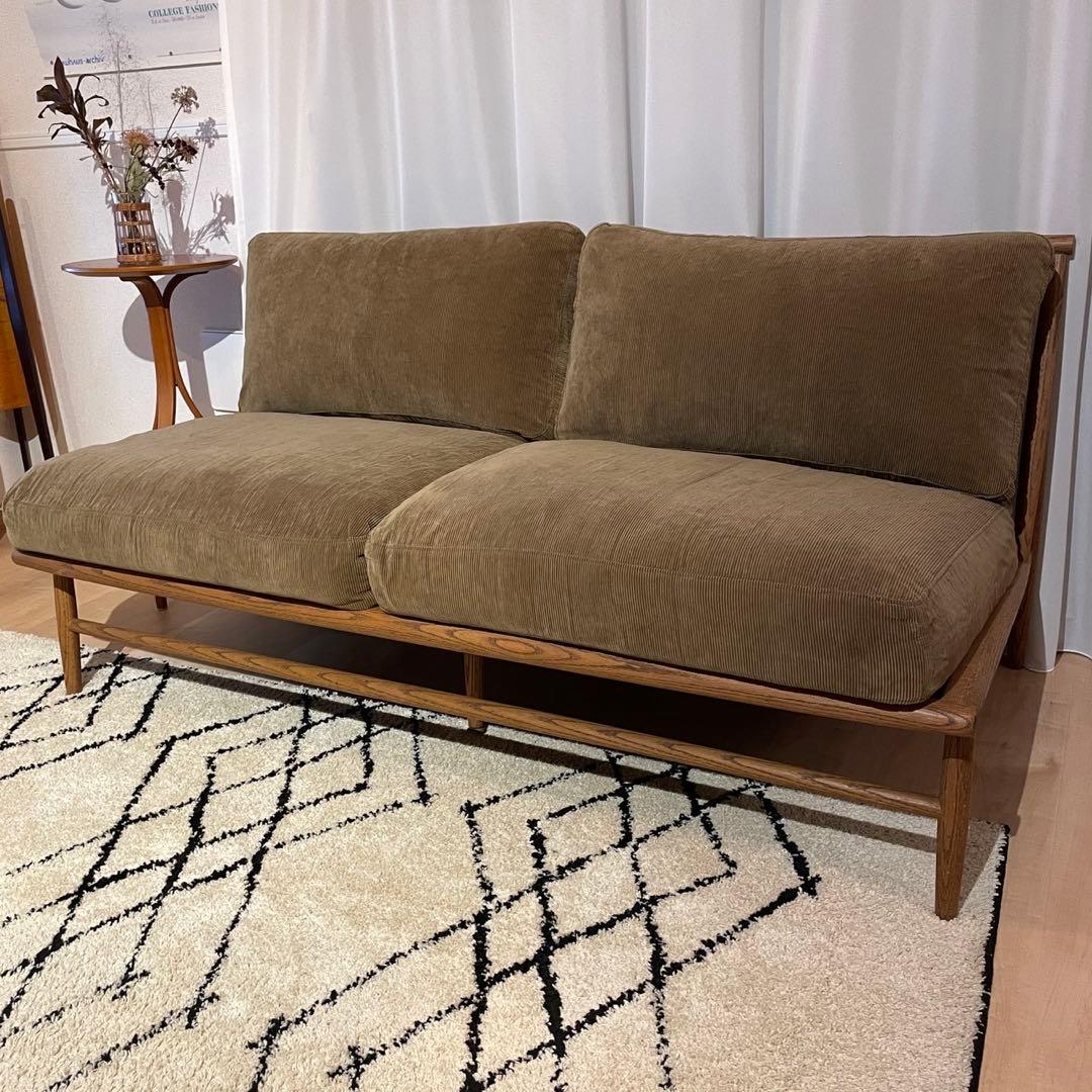 美品！モモナチュラル クラウド ソファ 2シーター コーデュロイ カーキ系