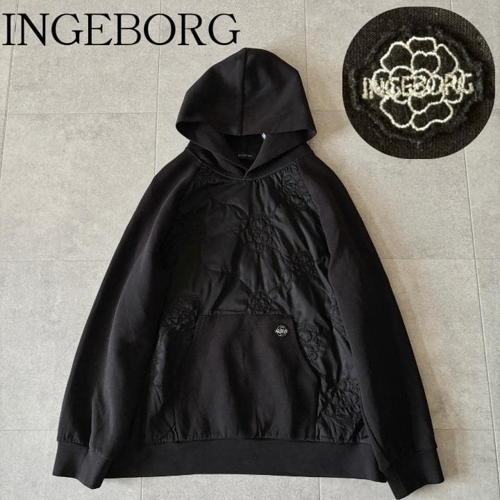 美品✨️インゲボルグ カメリア柄 キルティング切替ラグランパーカー 3 ブラック