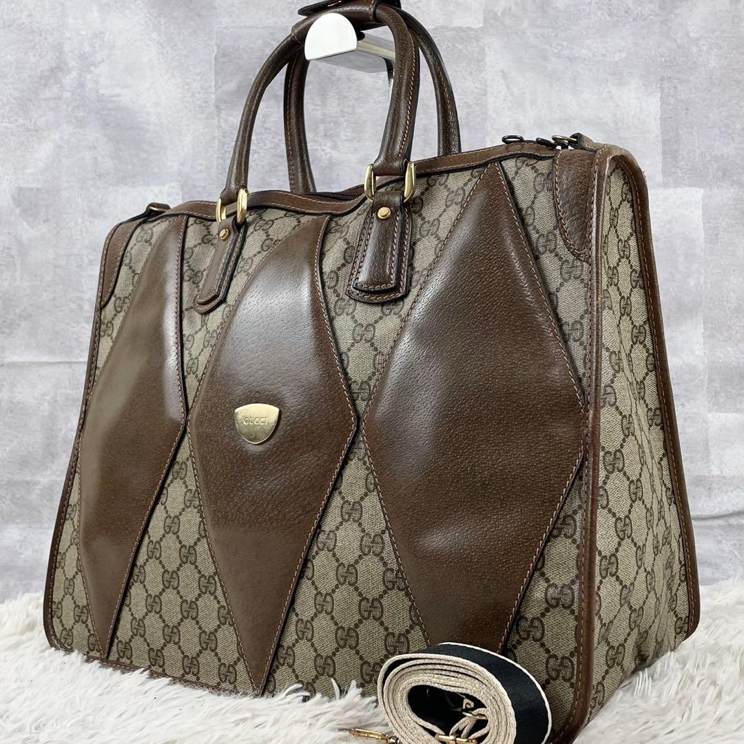 美品 グッチ PVC 2WAY ショルダーバッグ GG柄 ロゴ型押し ブラウン