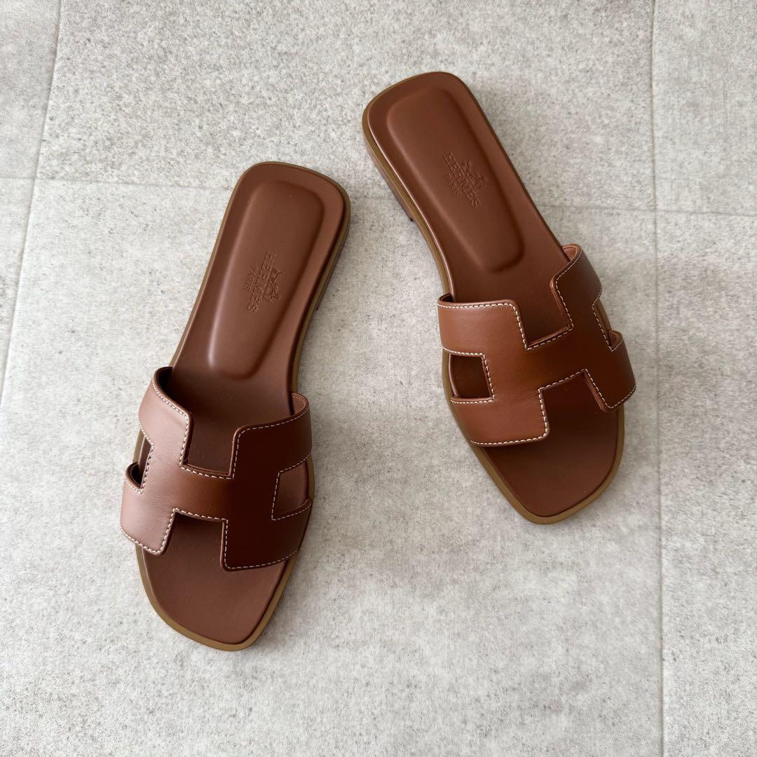 エルメス　オラン　サンダル　ロゴ　 ブラウン　茶色　34　レザー　極美品