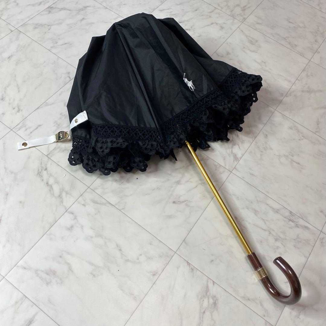 美品✨ポロラルフローレン　黒　折りたたみ傘　日傘　晴雨兼用　フリル　パラソル