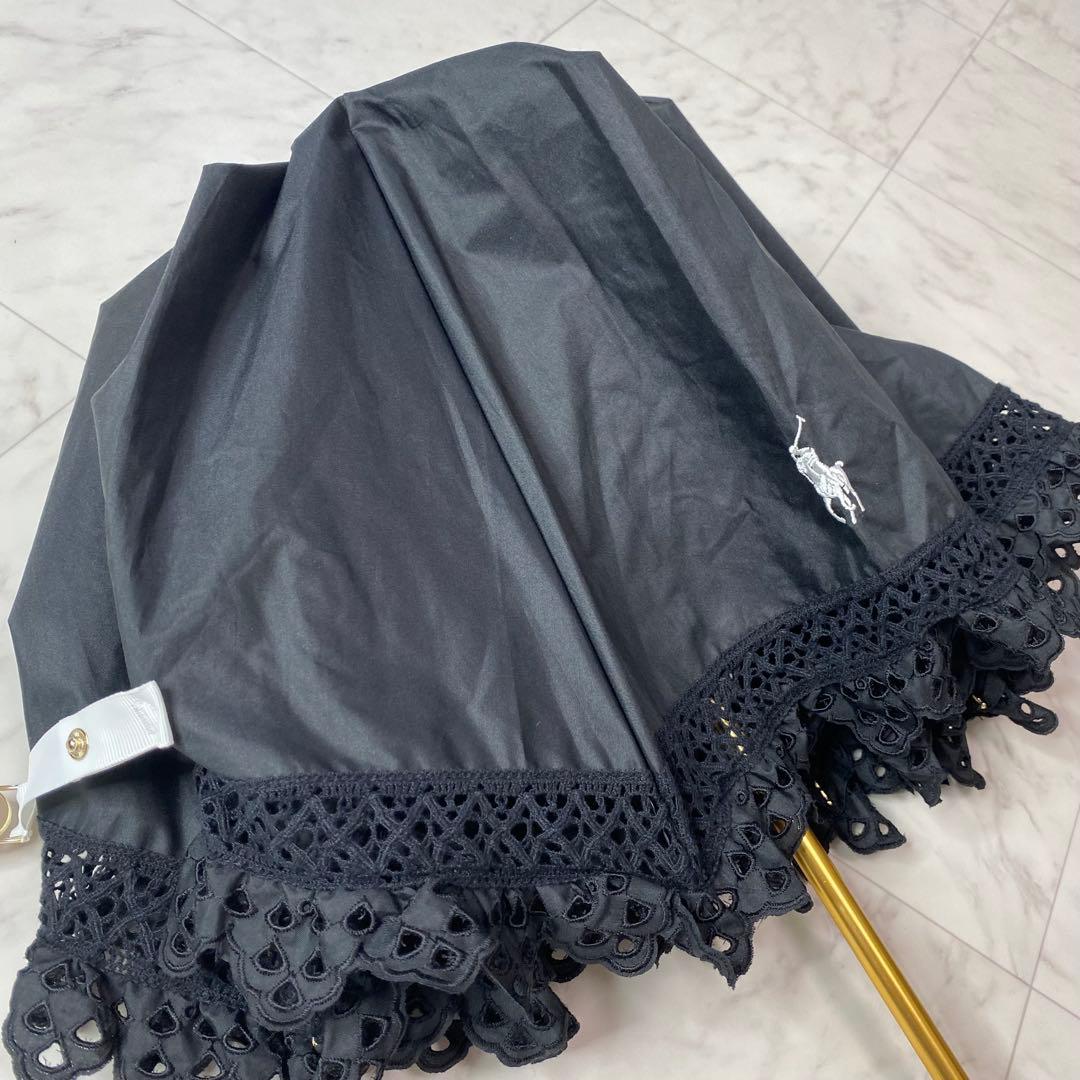 美品✨ポロラルフローレン　黒　折りたたみ傘　日傘　晴雨兼用　フリル　パラソル