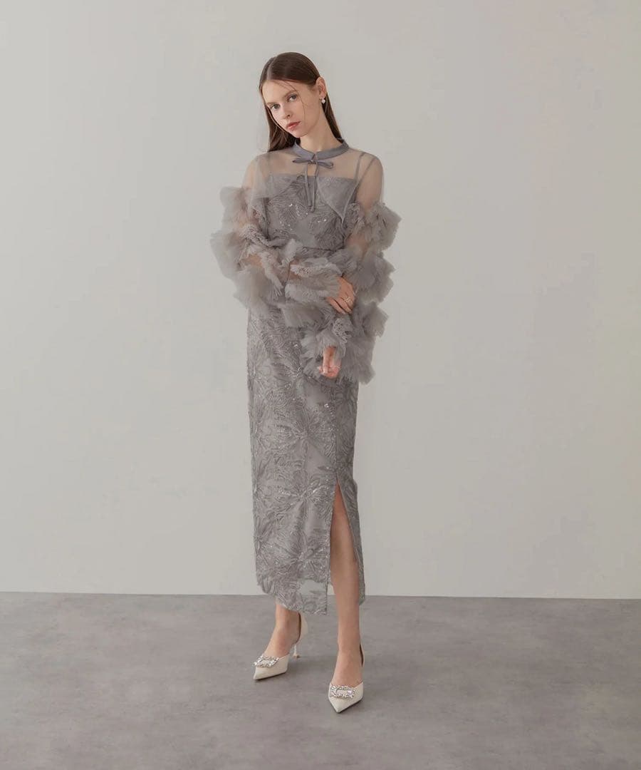 LEJA フリルチュールスリーブリボンIラインワンピースドレス2点SET