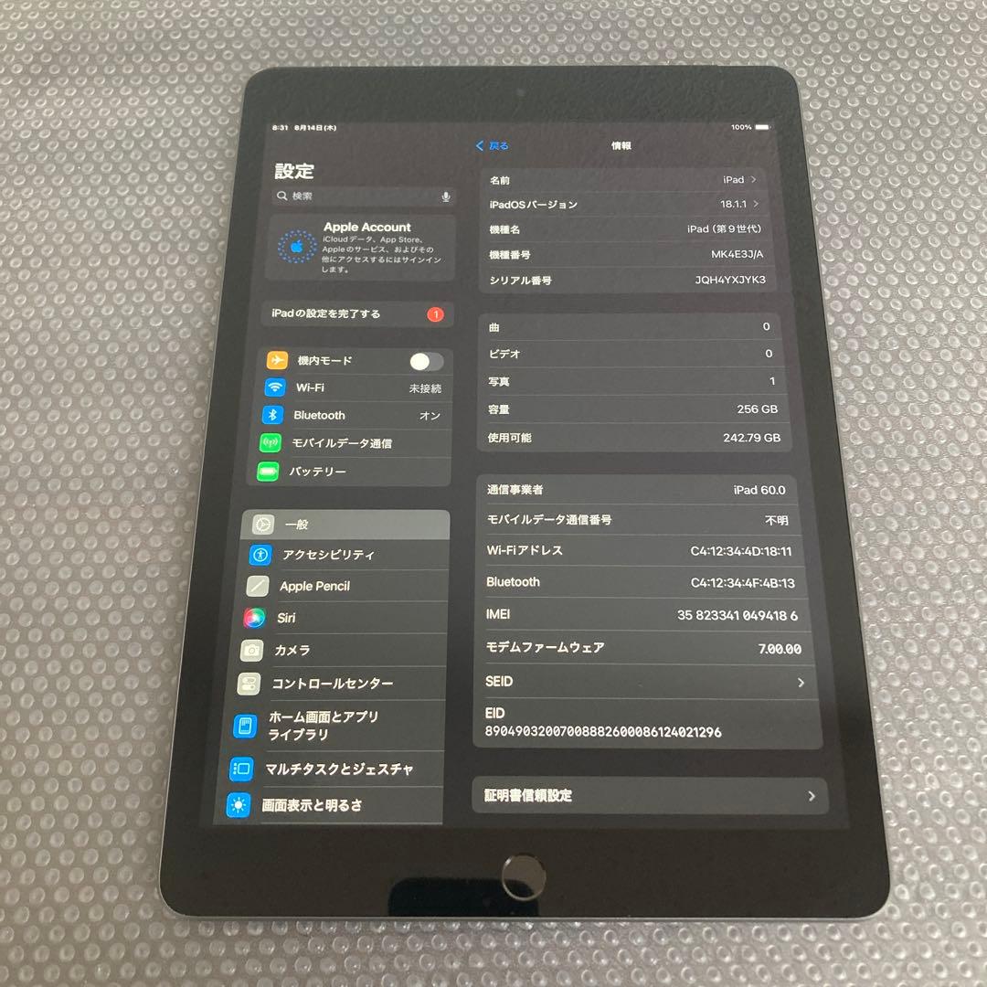 2485 電池最良好☆比較的美品☆iPad9第9世代256GB SIMフリー☆
