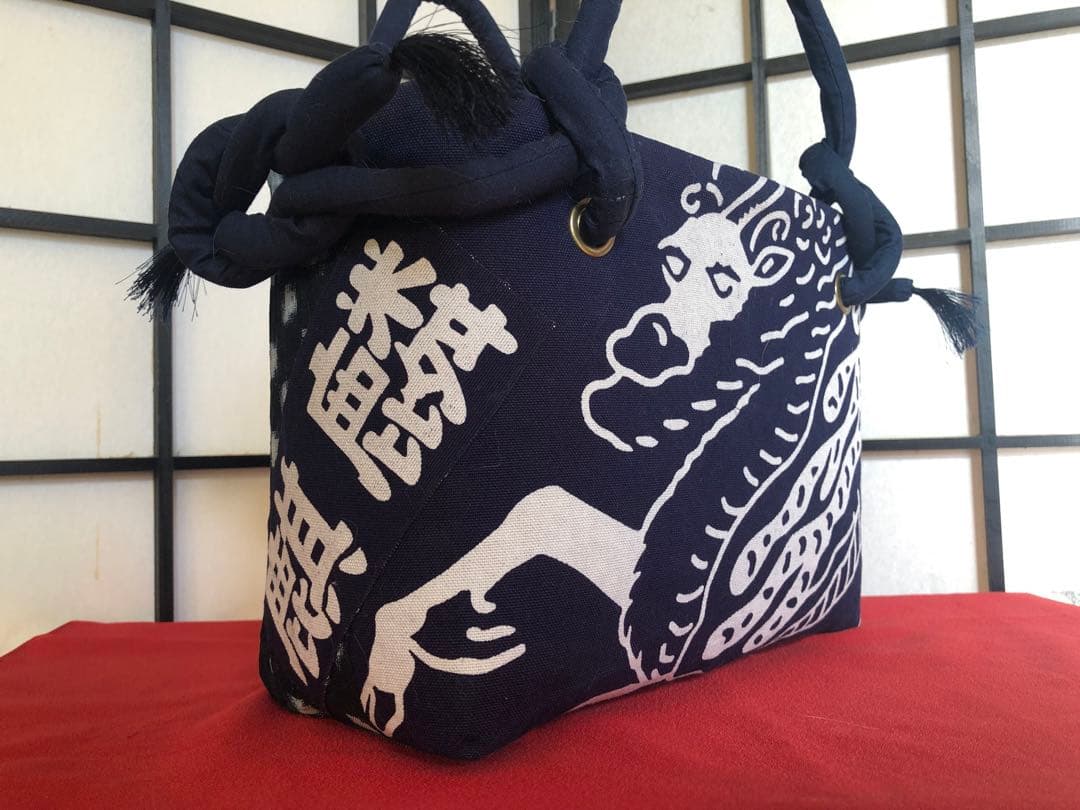 一閑張り　一閑張りバック　藍染 　麒麟麦酒　型染隠れ蓑