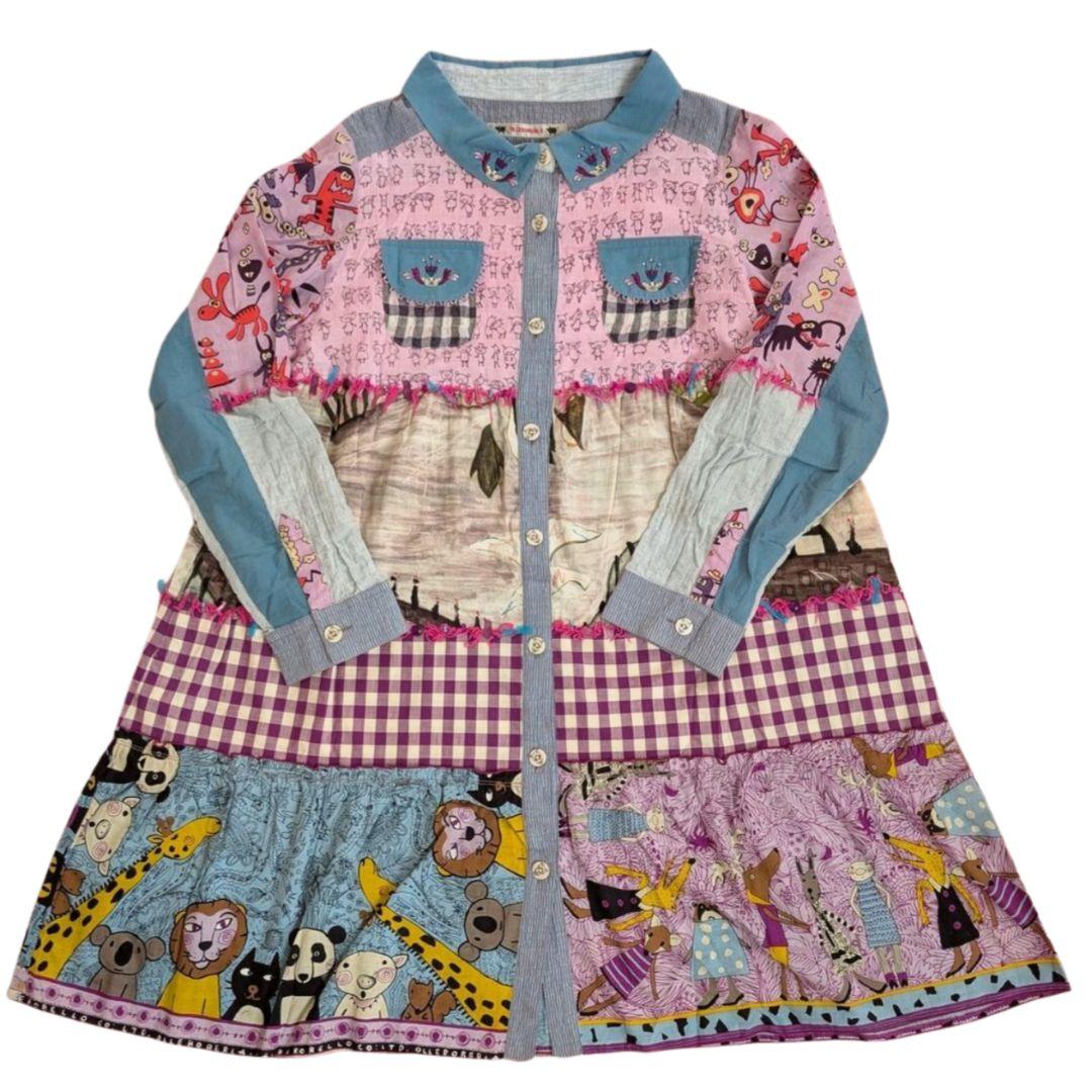 アルベロベロ ワンピース チュニックアニマル柄 パッチワーク 長袖