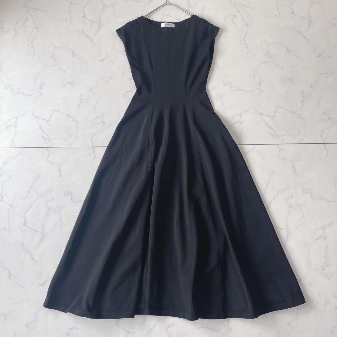 【美品】JENNE フレンチスリーブ ニット フレア ロングワンピース 黒 M