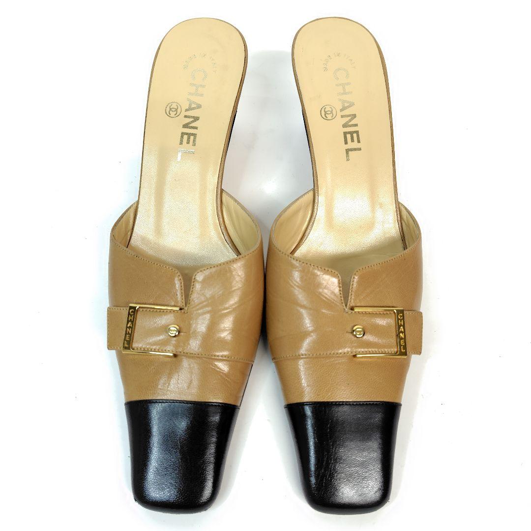 ★使用感少なめ★シャネル ミュール 38 サンダル スクエア バイカラー