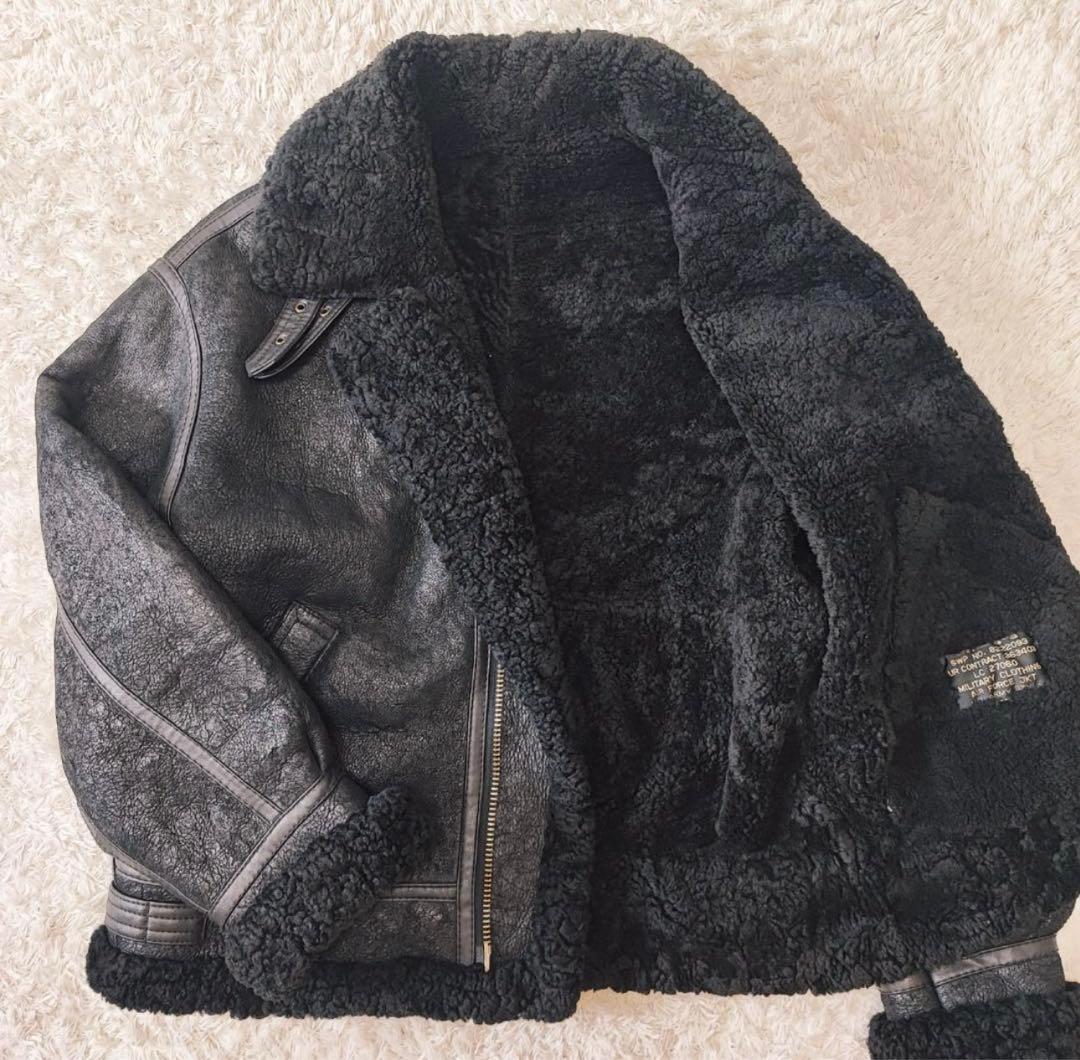 B-3 リアルムートン フライトジャケット レザー ミリタリー 黒 L-XL相当