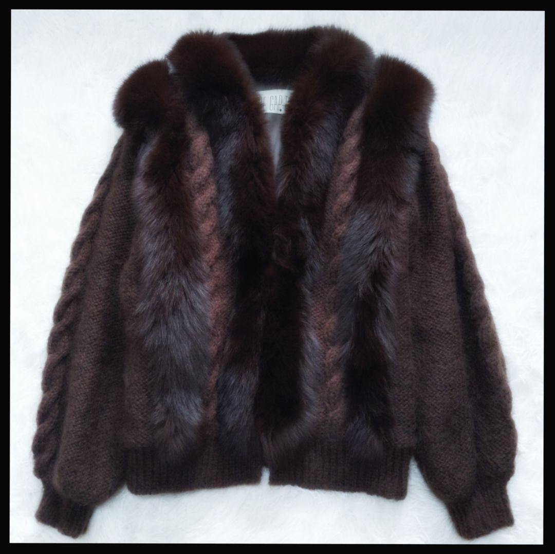 【高級・美品】モヘア混×ブルーフォックスファー　ニットカーディガン リアルファー
