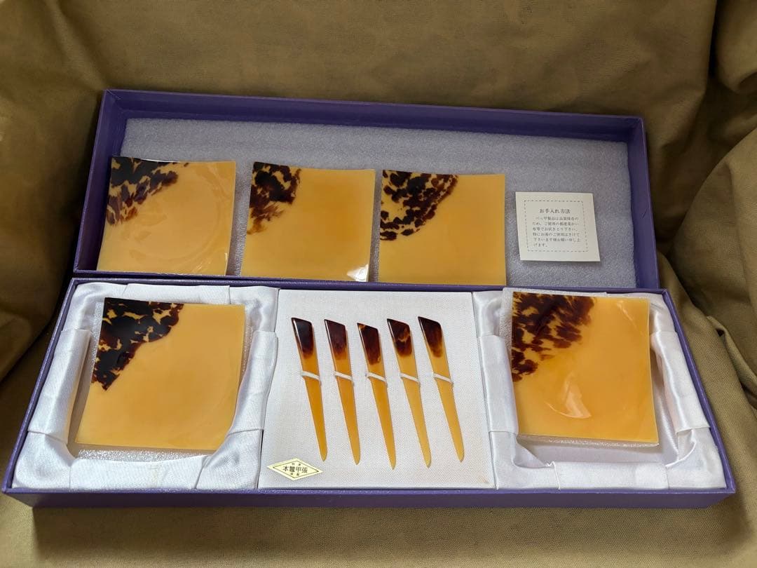 ゆ*ー様 本鼈甲　菓子切　楊枝　ケーキ皿　五客セット　未使用希少品