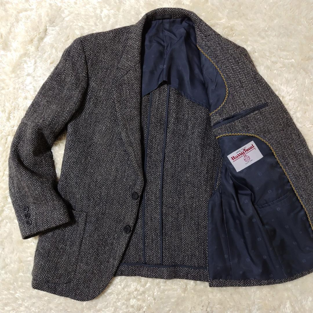 美品 ハリスツイード テーラードジャケット ヘリンボーン ウッドボタン 日本製