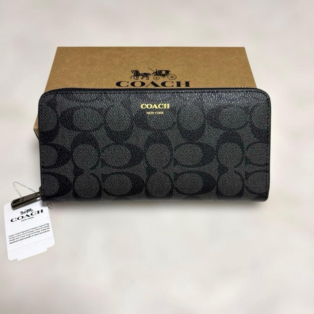COACH 長財布 F74597 ブラック/チャコール シグネチャー柄