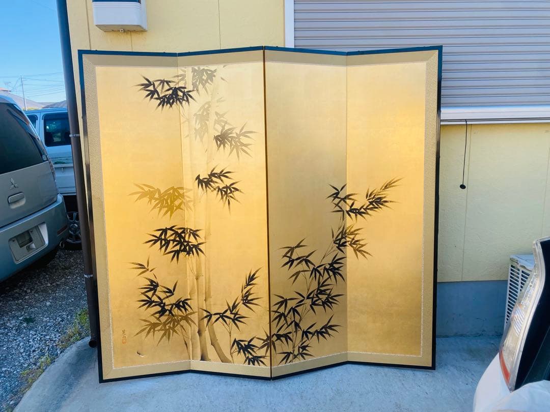 金箔使用 竹の日本画屏風 4枚組