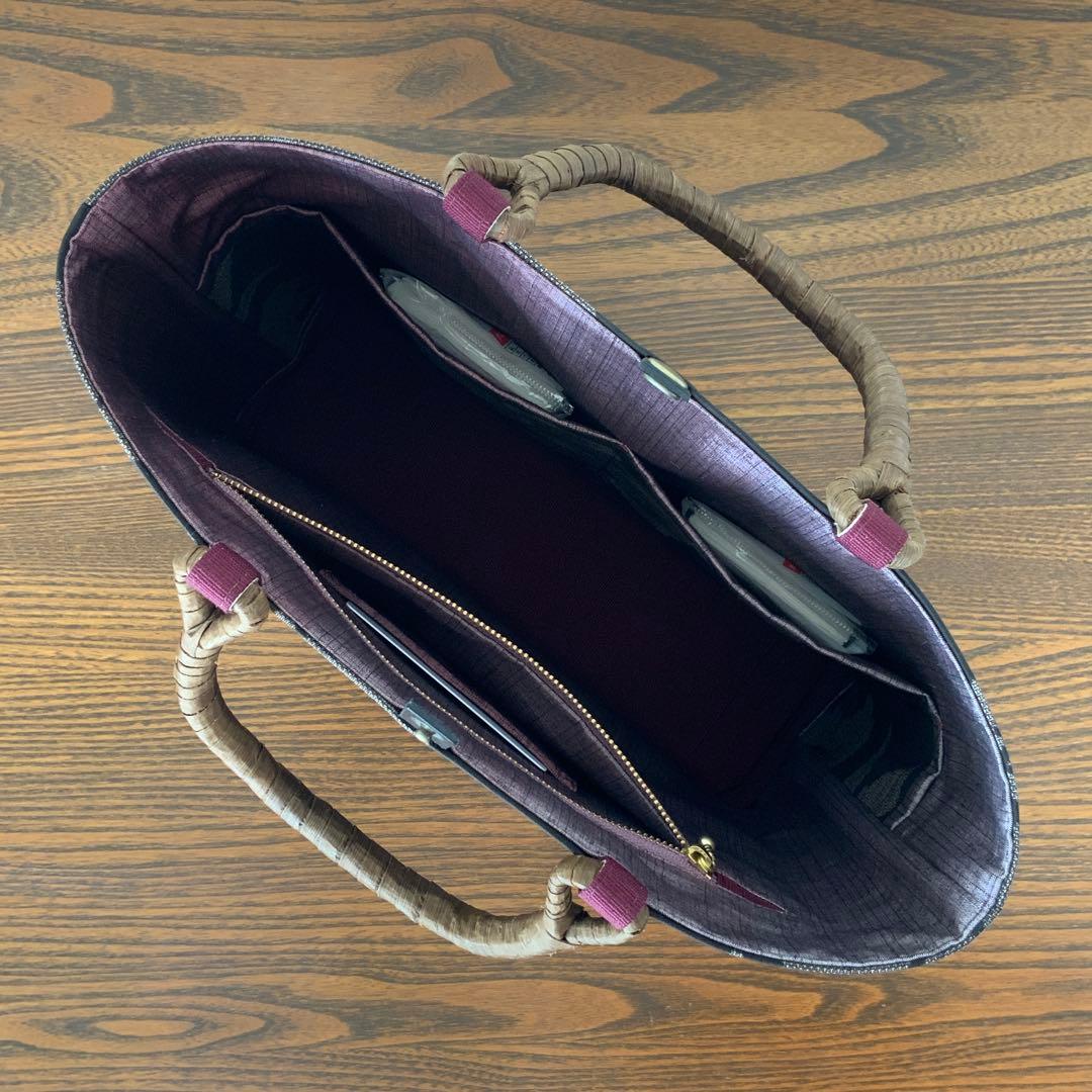 大島紬 カトレアの花 リメイク 胡桃皮ハンドルバッグ