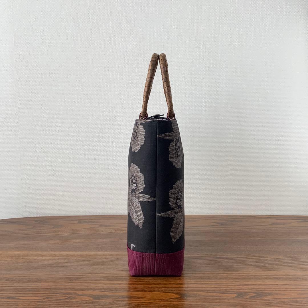 大島紬 カトレアの花 リメイク 胡桃皮ハンドルバッグ