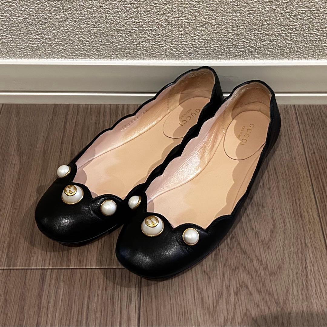 【美品】GUCCI フラットパンプス パール 35 黒