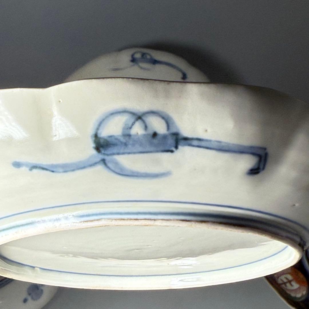 古伊万里　染錦唐獅子柘榴文様　輪花形七寸皿　幕末から明治期　直径22cm 5客