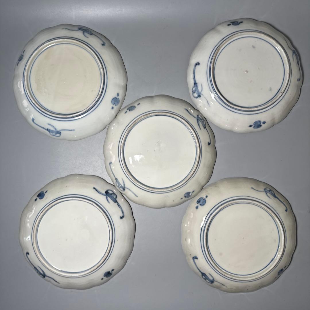 古伊万里　染錦唐獅子柘榴文様　輪花形七寸皿　幕末から明治期　直径22cm 5客