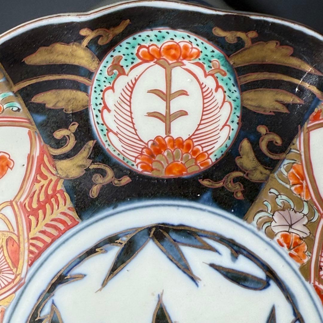 古伊万里　染錦唐獅子柘榴文様　輪花形七寸皿　幕末から明治期　直径22cm 5客