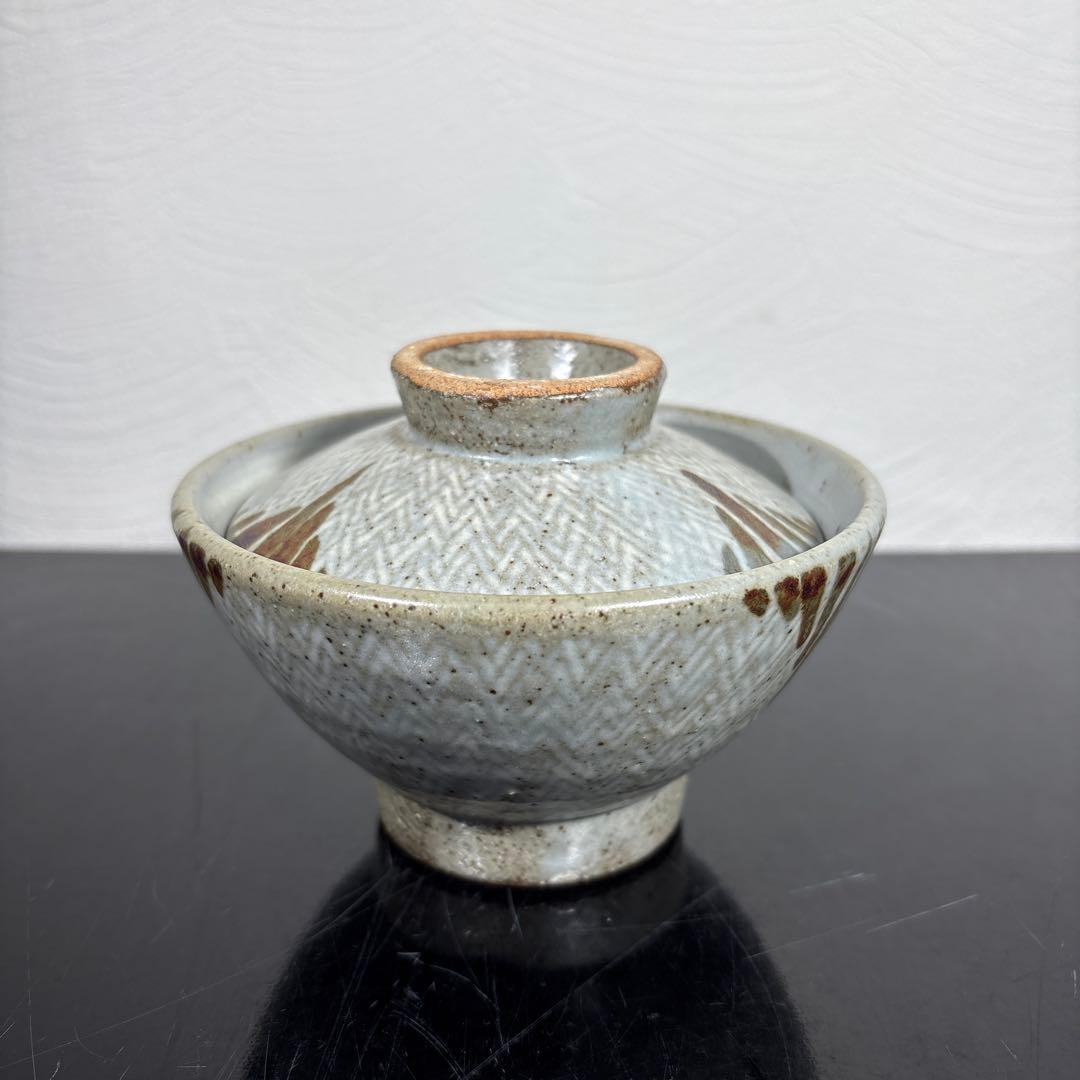 真作　人間国宝　島岡達三　地釉象嵌縄文蓋付き椀