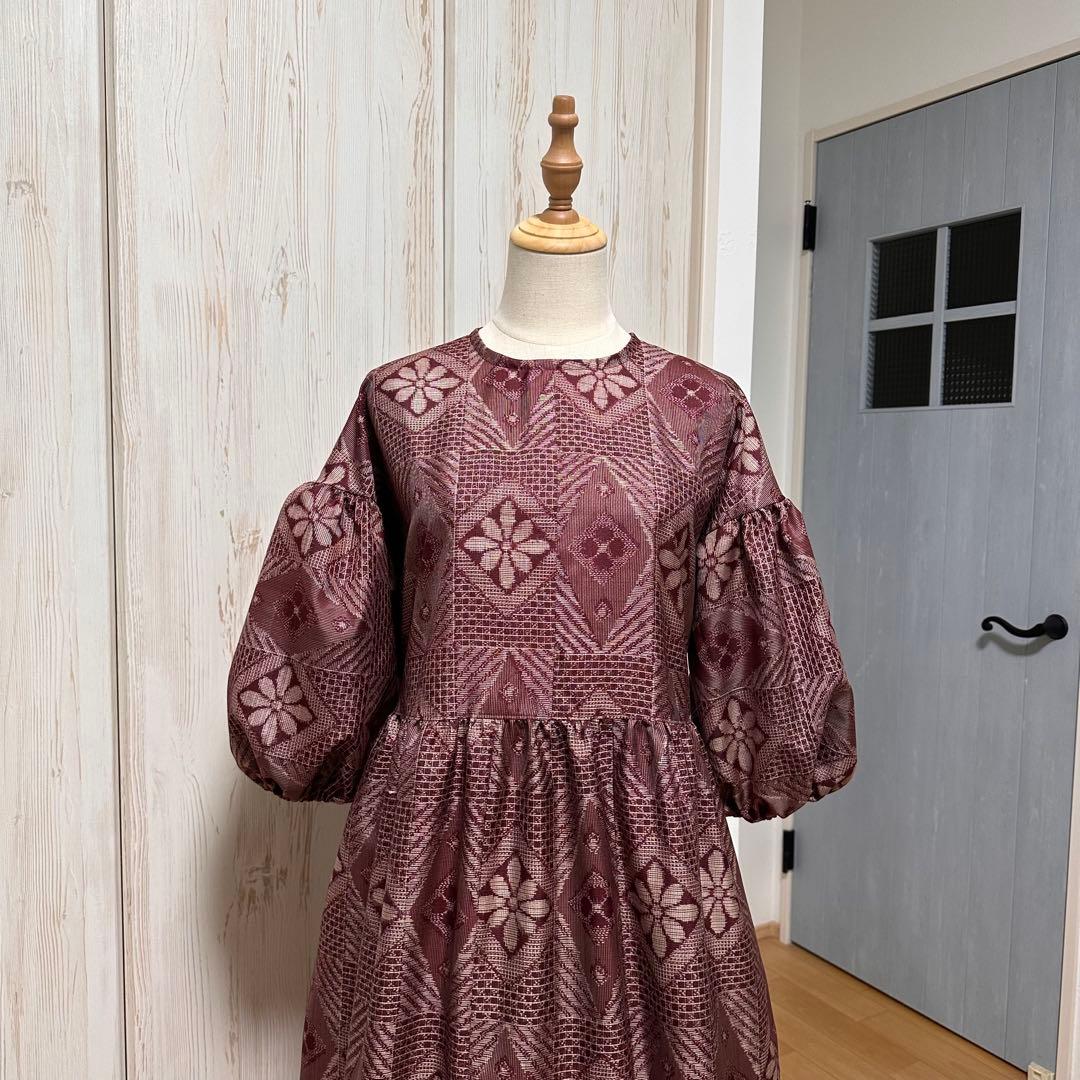 着物リメイク 大島紬から後ろボタンのドロップショルダーワンピース(L~LL)