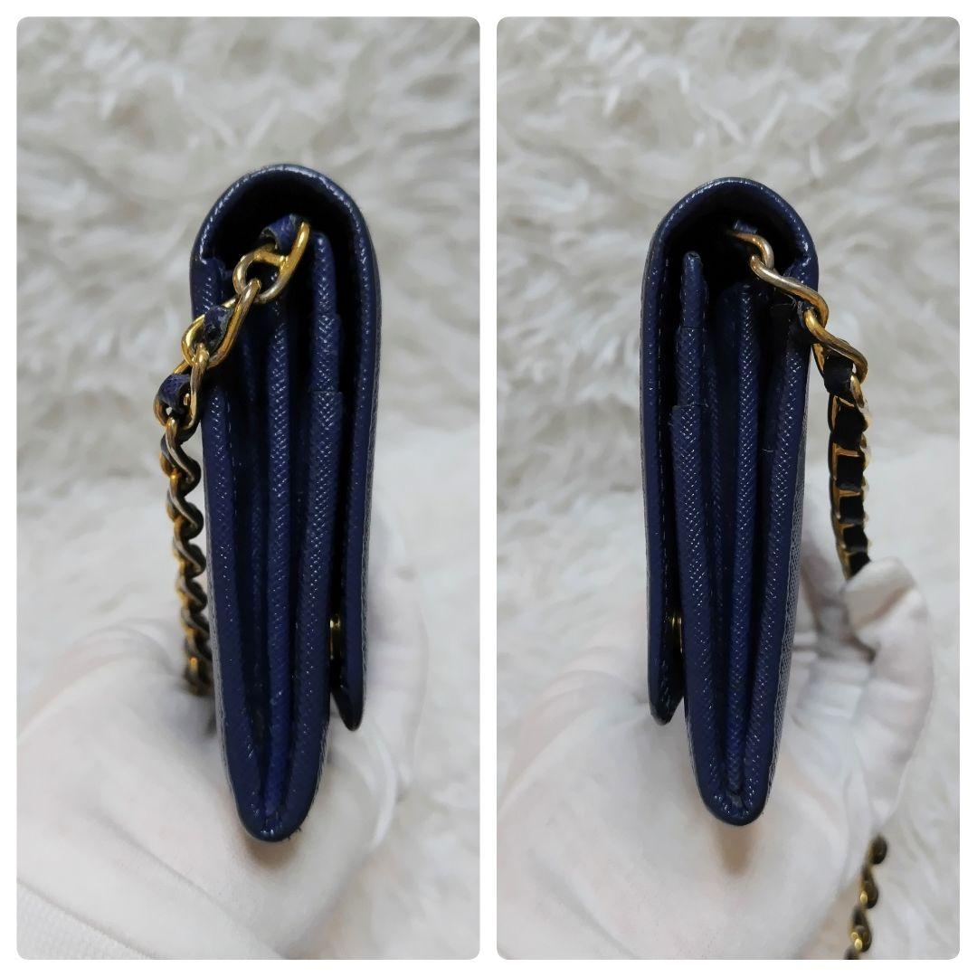 レア美品✨プラダ◇チェーンショルダーウォレット　サフィアーノゴールド金具ネイビー