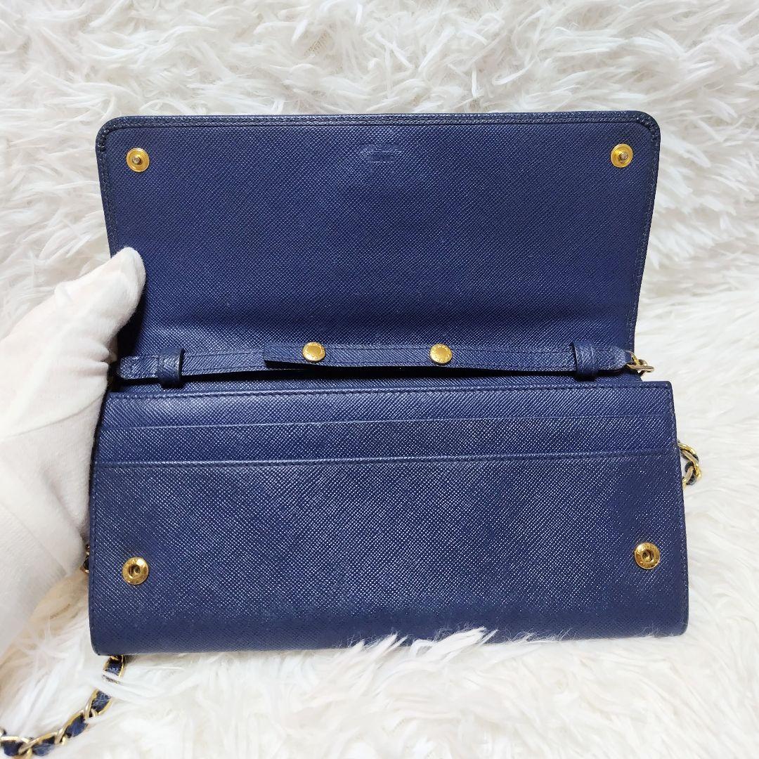 レア美品✨プラダ◇チェーンショルダーウォレット　サフィアーノゴールド金具ネイビー