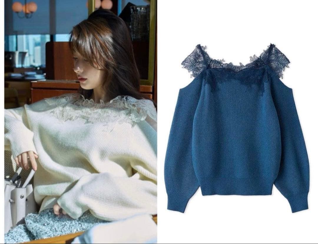 新品　fray i.d レースオフショルダーカッティングニット　ブルー