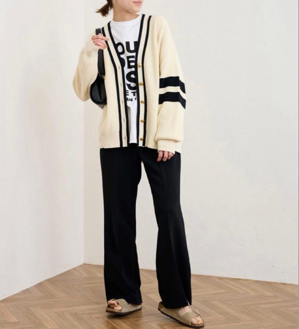 フレームワーク　ライン畦ニットカーディガン　アイボリー　金ボタン　リネン混