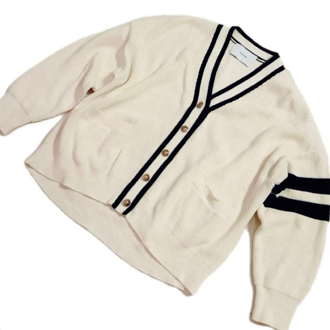 フレームワーク　ライン畦ニットカーディガン　アイボリー　金ボタン　リネン混