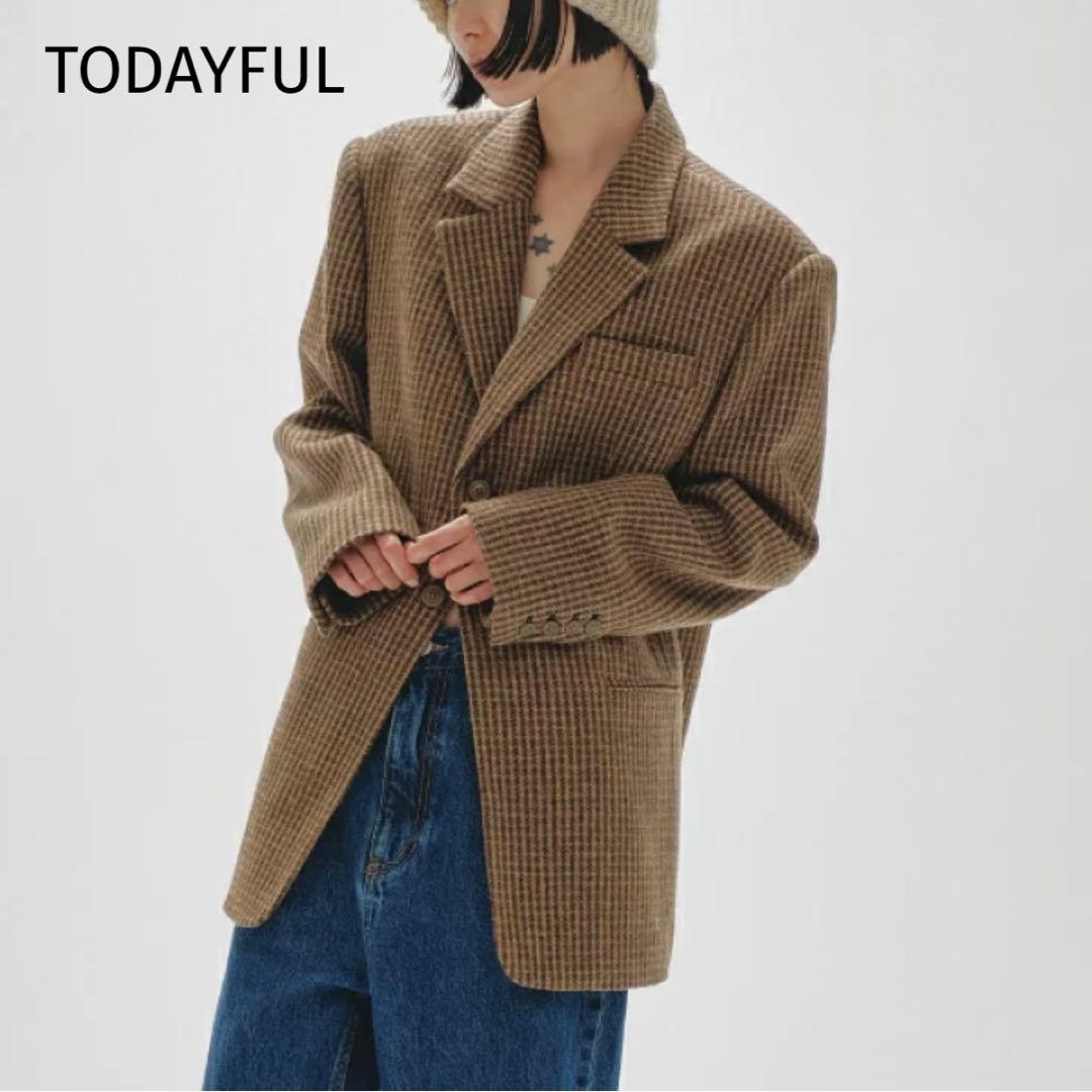 美品 タグ付き トゥデイフル 4.6万円 ウール100 チェック ジャケット