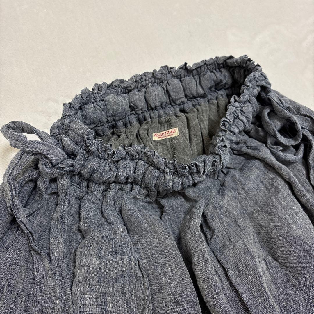 キャピタル リネン エプロン ガウチョ ワイドパンツ 総ゴム リボン ラップ