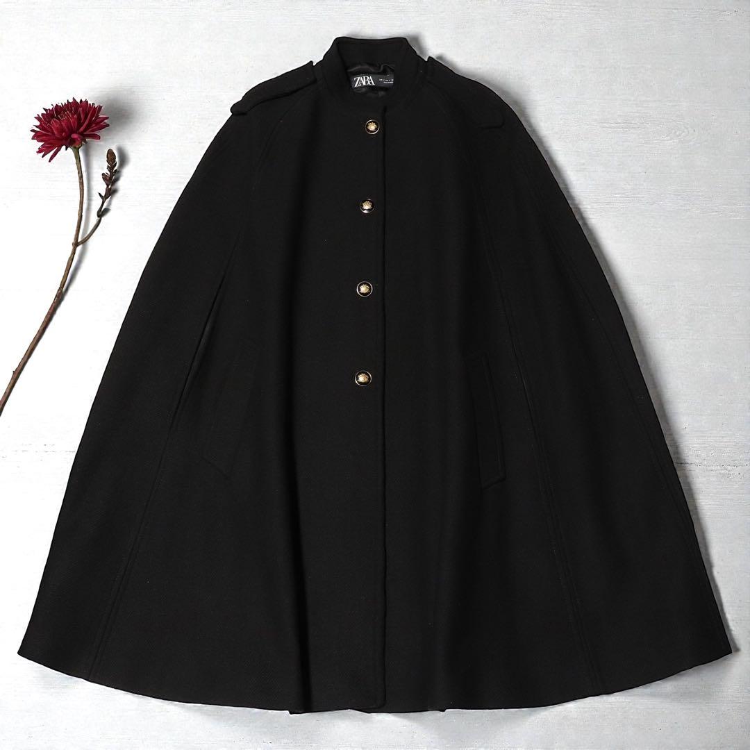 美品★L★ZARA★ケープコート★ウール ポンチョ★ブラック★金ボタン★ザラ