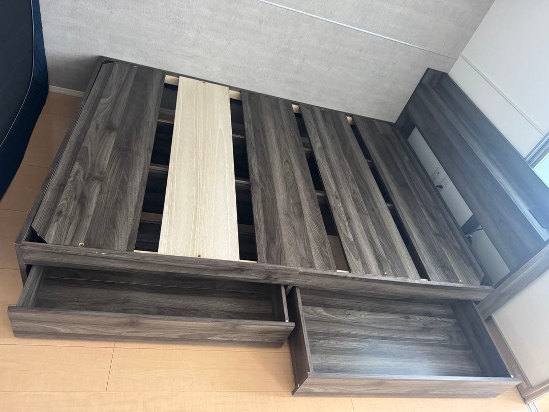 ダークグレー 木製 ダブルベッドフレーム 引き出し付き