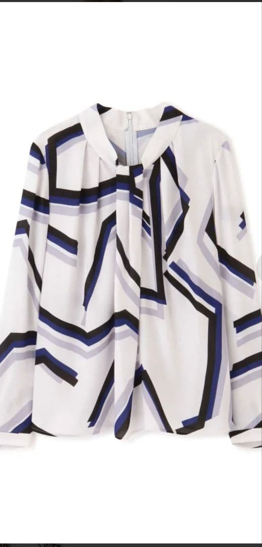 ピンキー＆ダイアン　ストライプジオメトリック変形スタンドブラウス ブルー 38