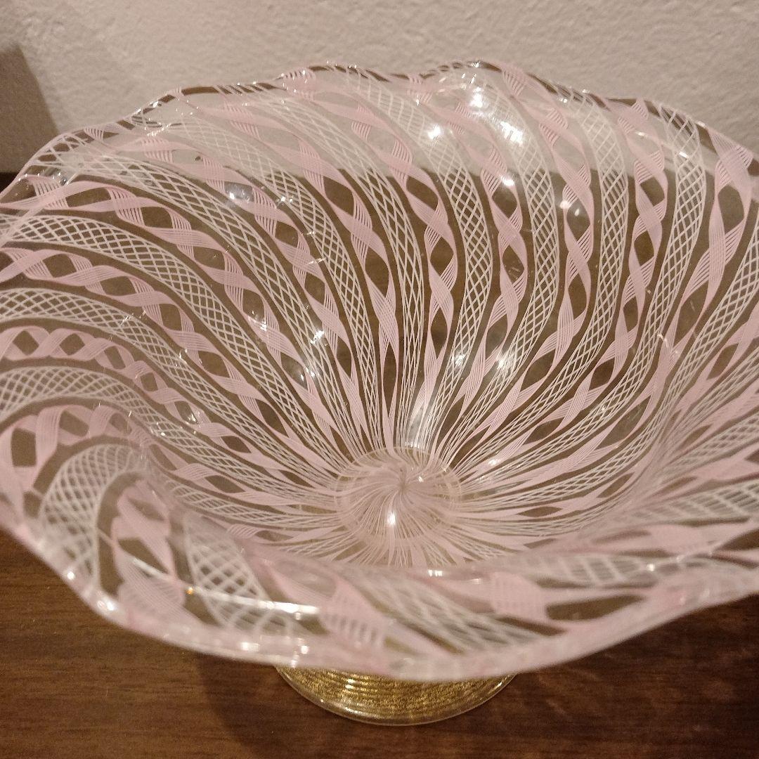 ベネチアンガラス　ムラノ　MURANO　コンポート　ピンク　レース　インテリア