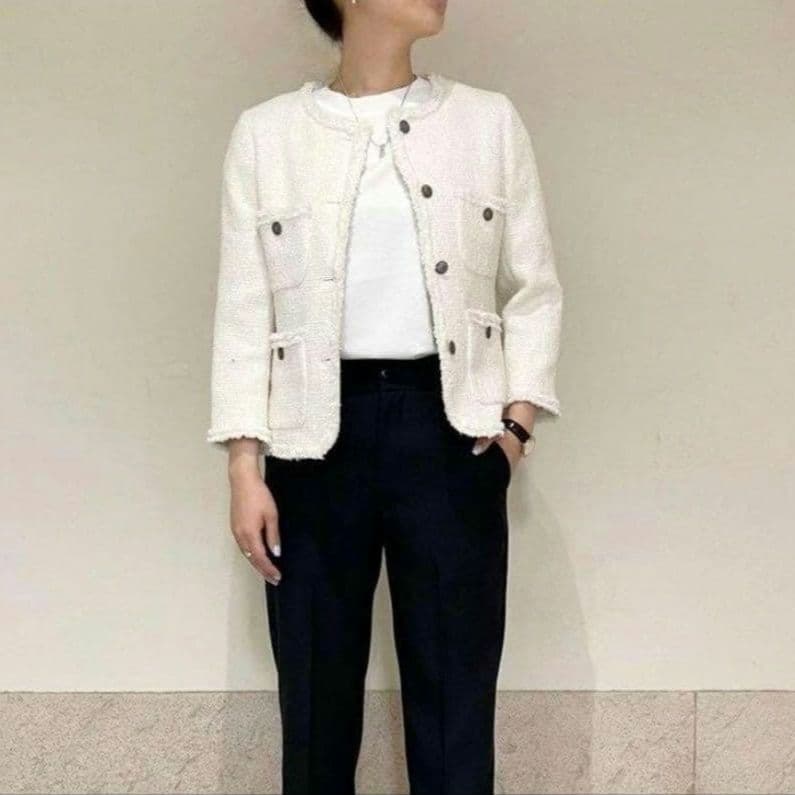 美品☆THE SHINZONE　ノーカラージャケット　ツイード　シルク混　S　白