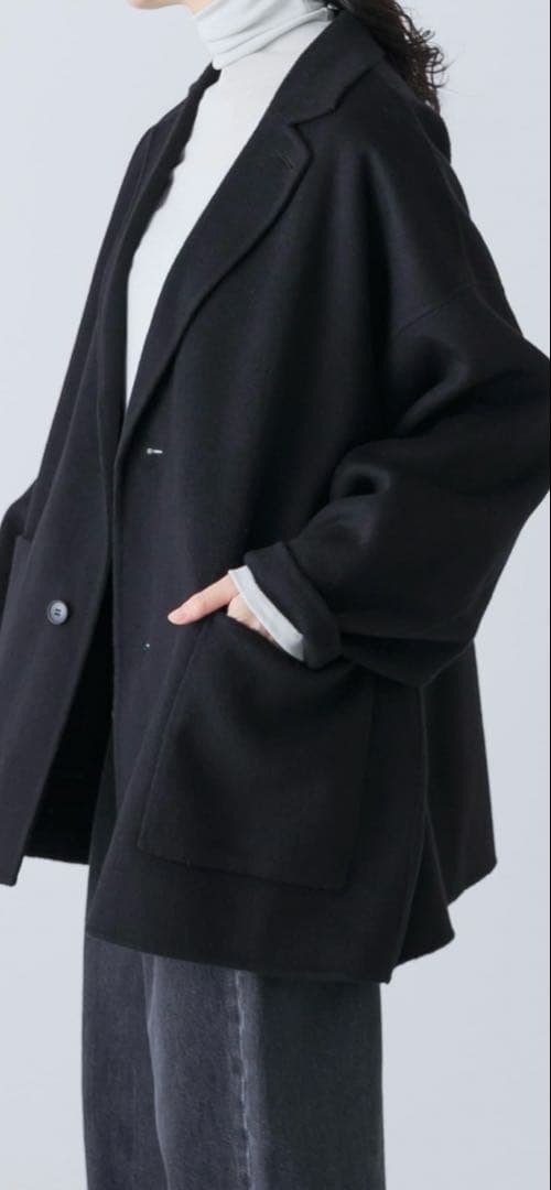 ウール混合テーラードショートコートブラック