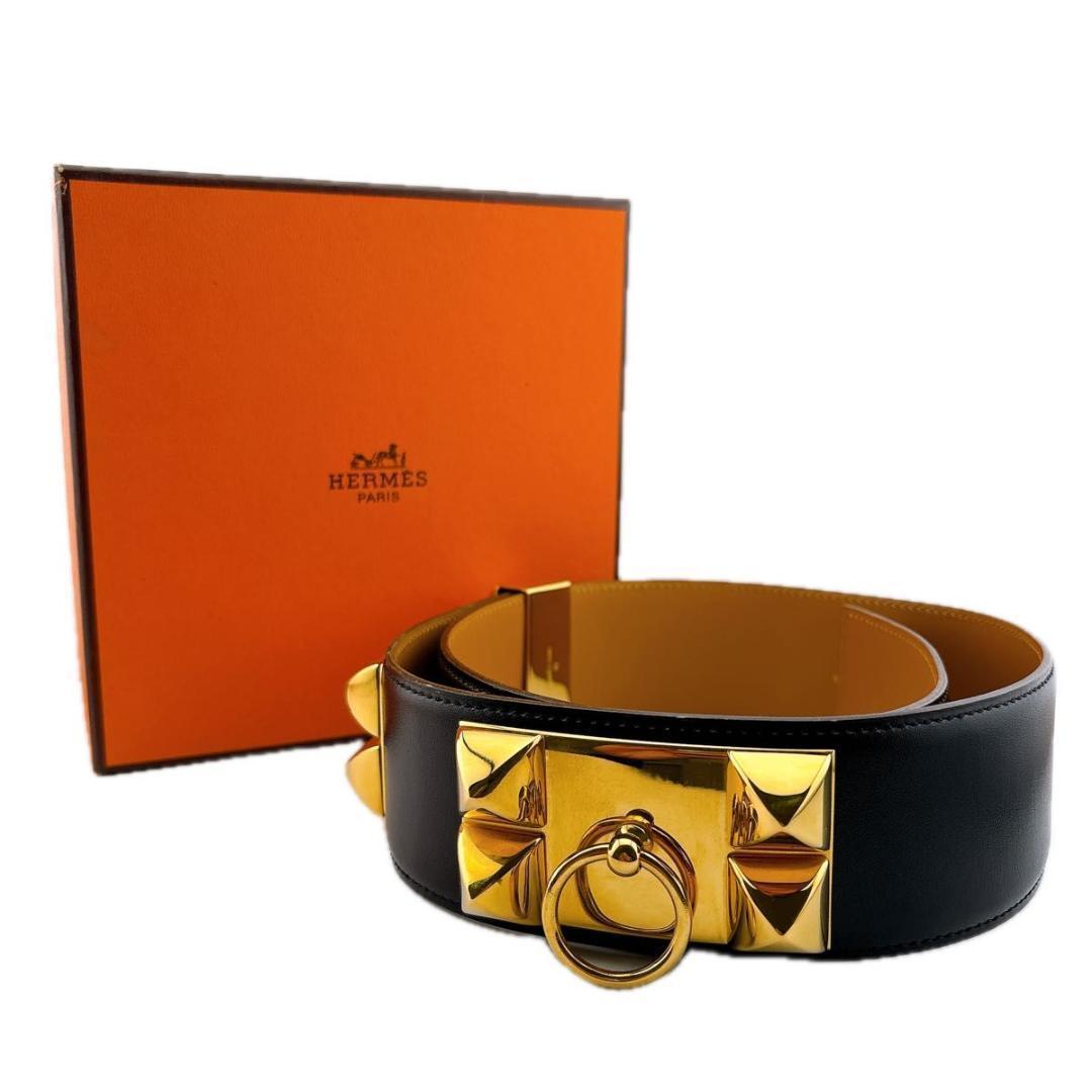 エルメス コリエドシアン メドール ベルト レザー ブラック ゴールド金具 70