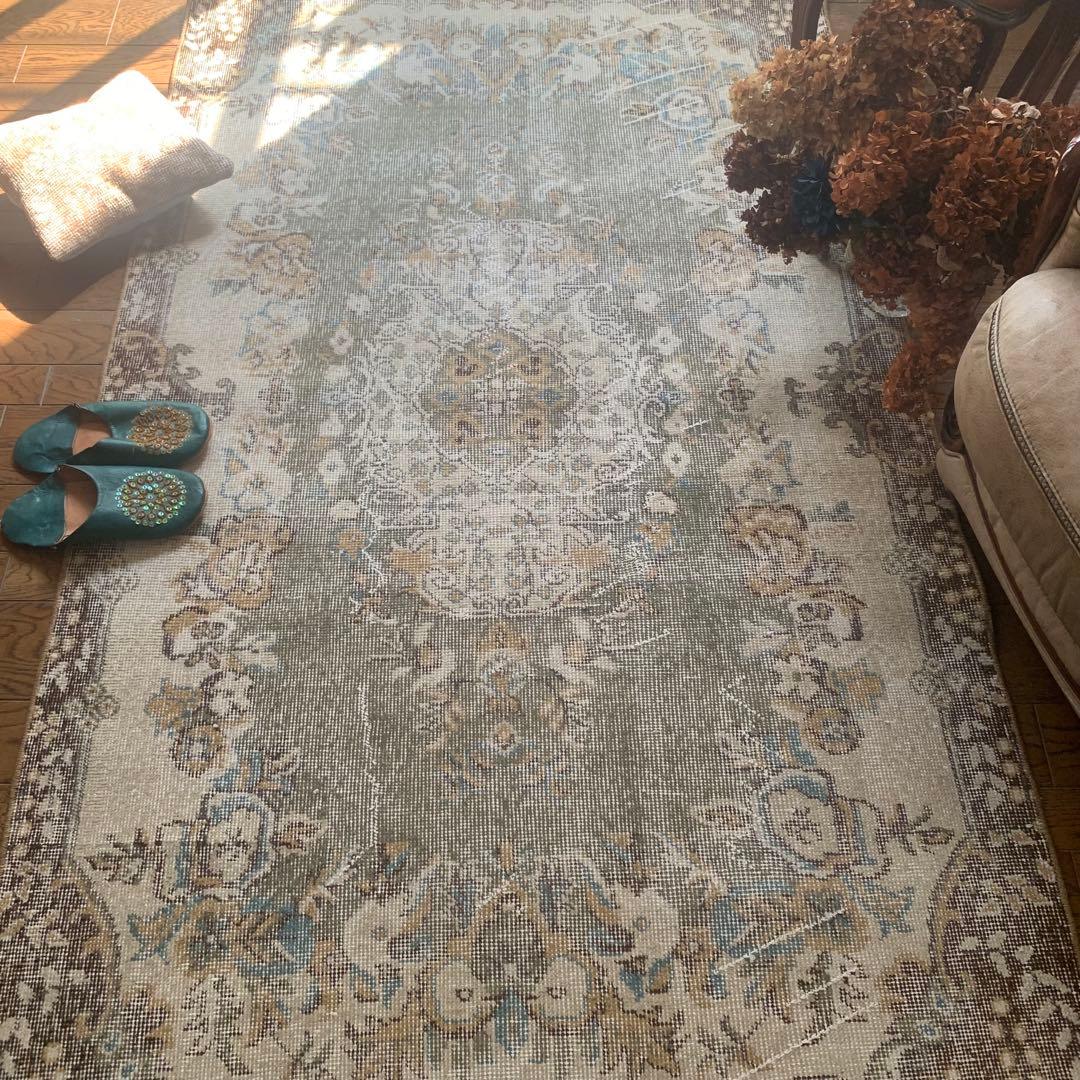トルコヴィンテージラグ　超レア　スモーキーグリーン　193×116 ボタニカル