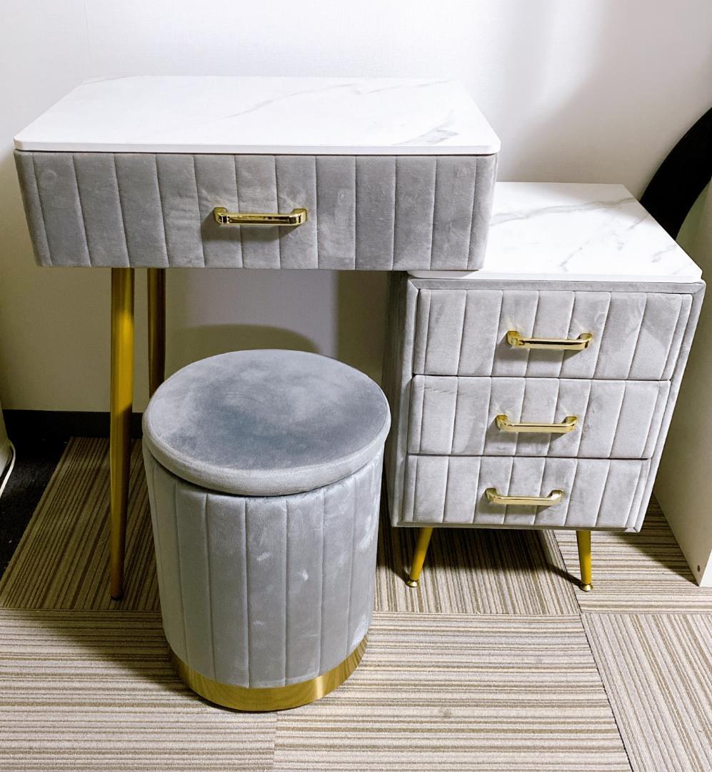 大理石風ドレッサー 欧風 ベロア コンパクト ドレッサー スツール付 グレー