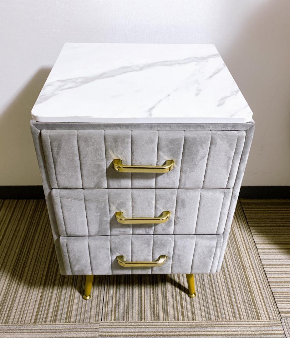 大理石風ドレッサー 欧風 ベロア コンパクト ドレッサー スツール付 グレー