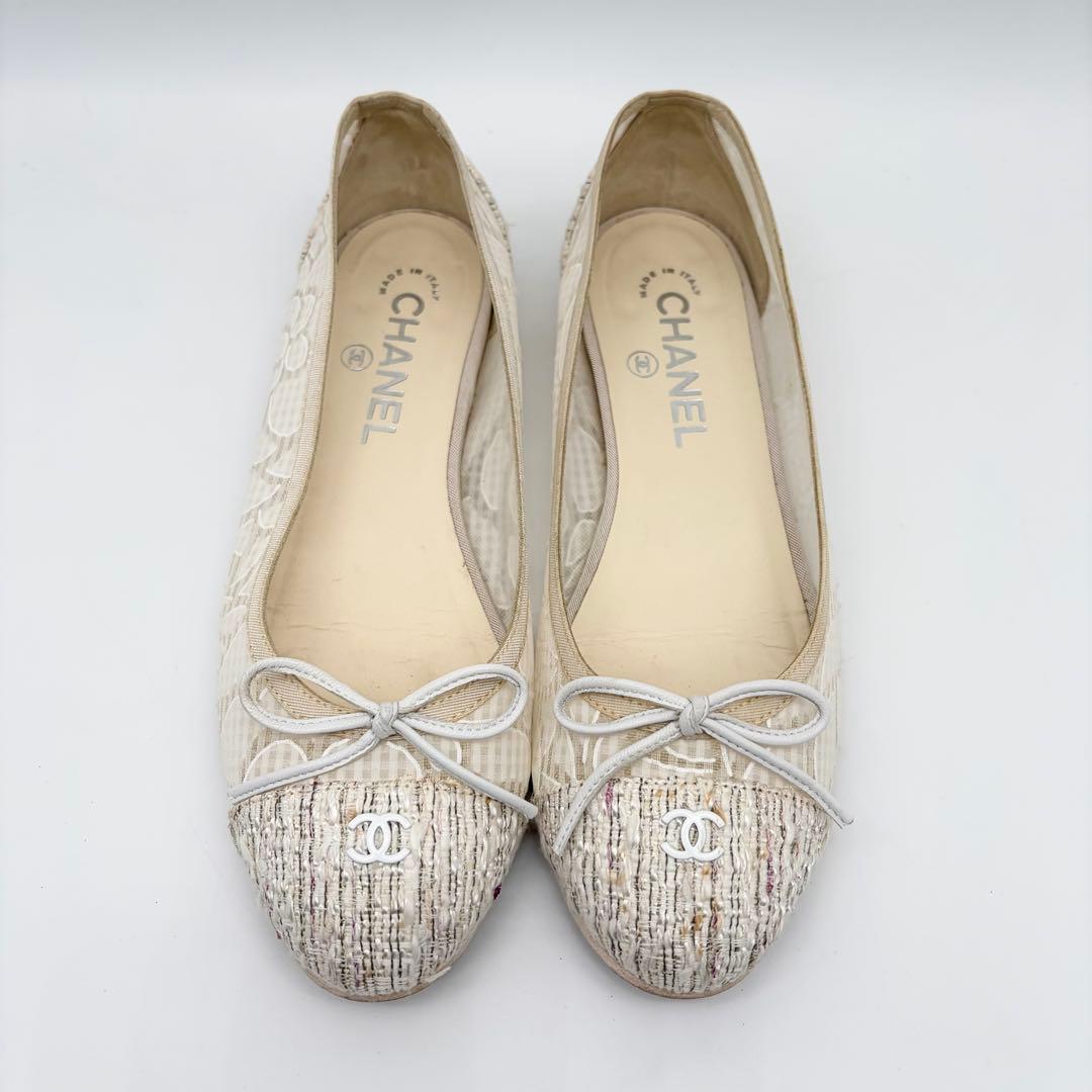 【良品】CHANEL レース ツイード フラットパンプス 36.5 白系