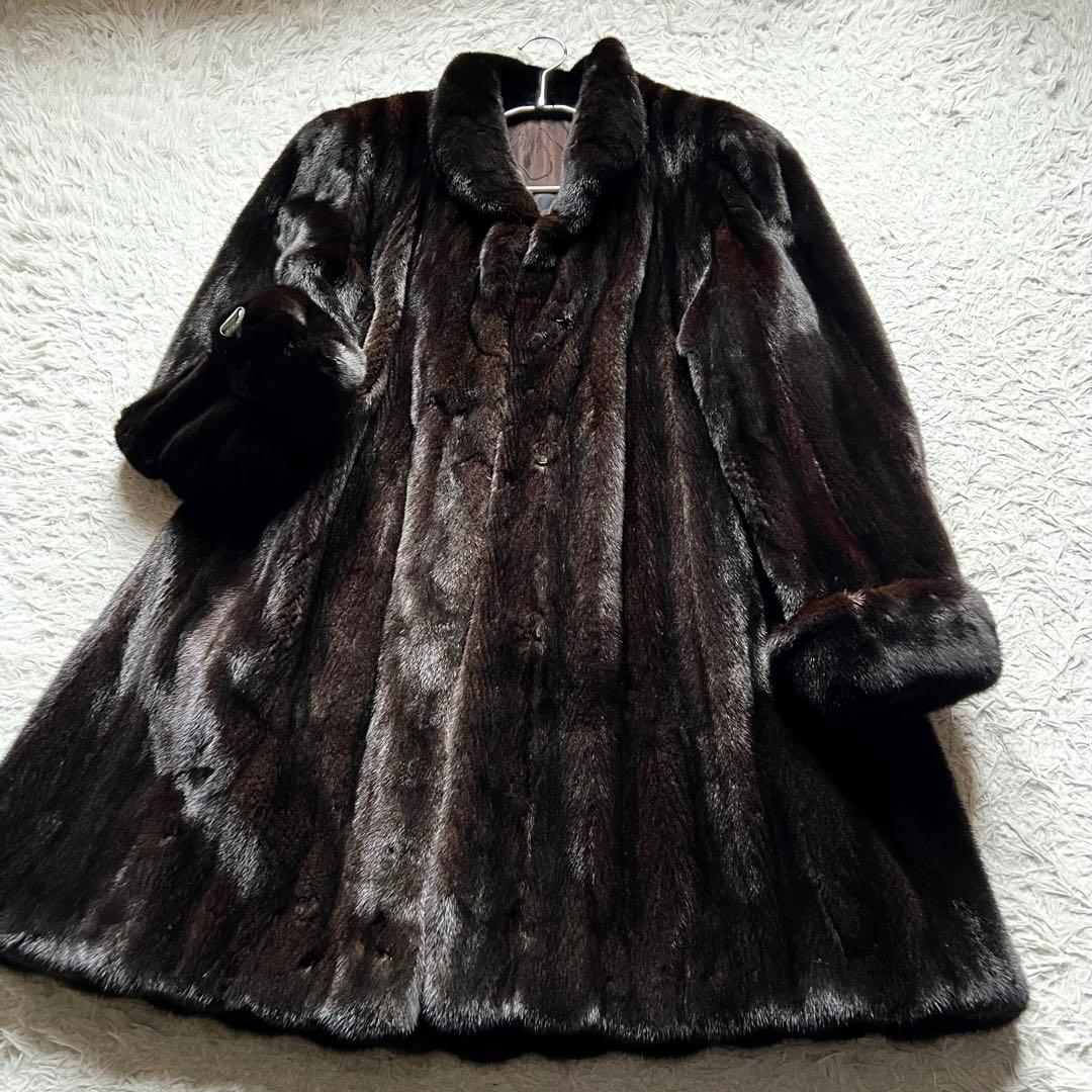 艶◎ 着丈90cm ブラックグラマ リアルファーコート 毛並み◎ なめし柔らか