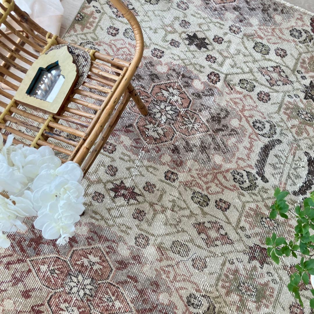 アールデコ調109×146✳︎モーブピンク　クローバー　トルコヴィンテージラグ