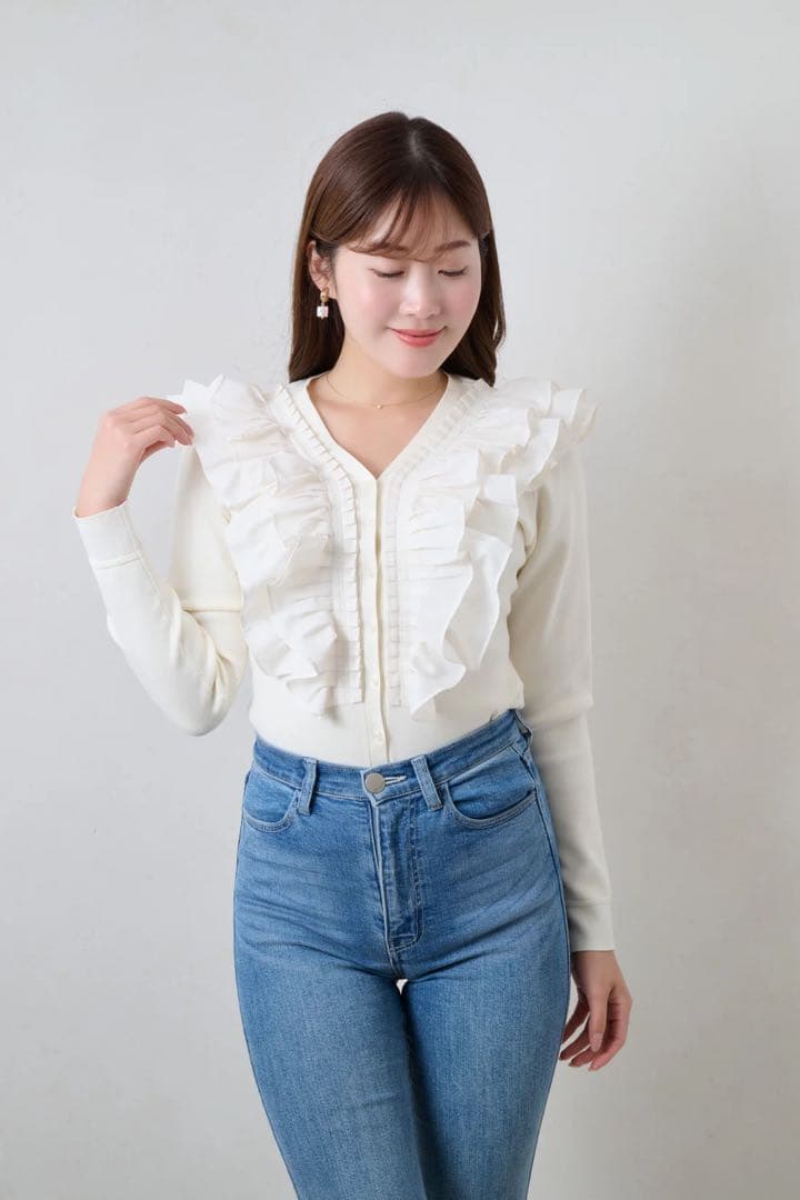 トップス Ruffle Pleated Knit Cardigan
